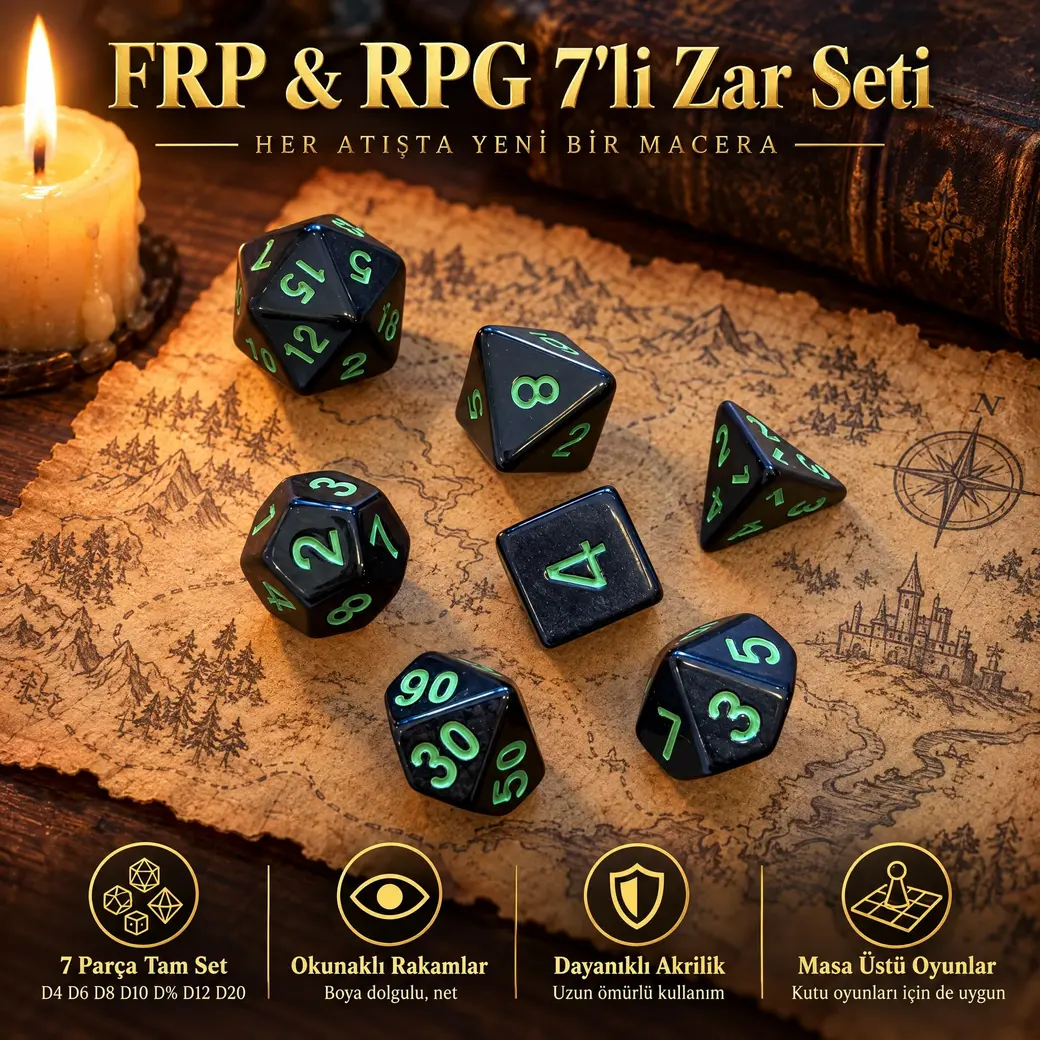 Goblin Zehiri (Siyah, Yeşil Rakam) 7'li DnD zar seti, harita üzerinde, set içeriğini anlatan tanıtım görseli: 7 parça set, okunaklı boya dolgulu rakamlar, dayanıklı akrilik